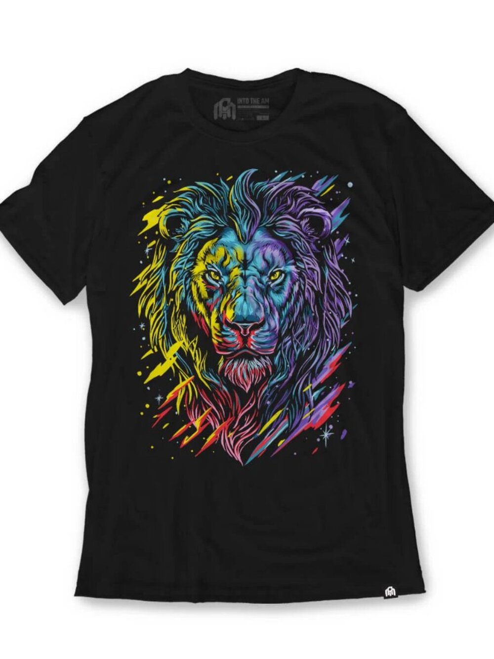 Stellar Beast Neon Lion Graphic Tee Black Colorful Animal Art T-Shirt